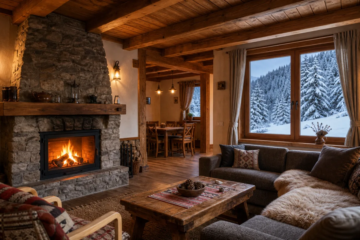 Interior rustic și cald de pensiune montană, cu grinzi de lemn și șemineu cu foc