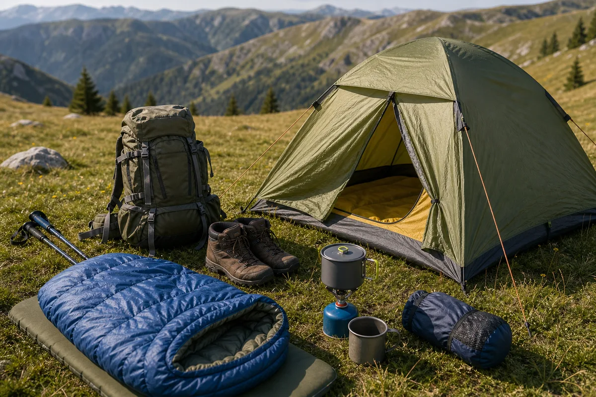Echipament de camping montan aranjat: cort, sac de dormit, reșou și rucsac