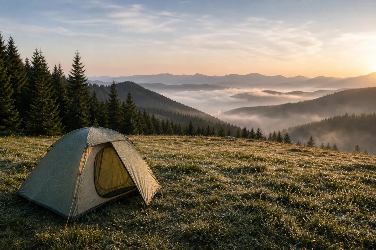 Dimineață devreme la camping, cort pe pajiște cu rouă și ceață ușoară în vale