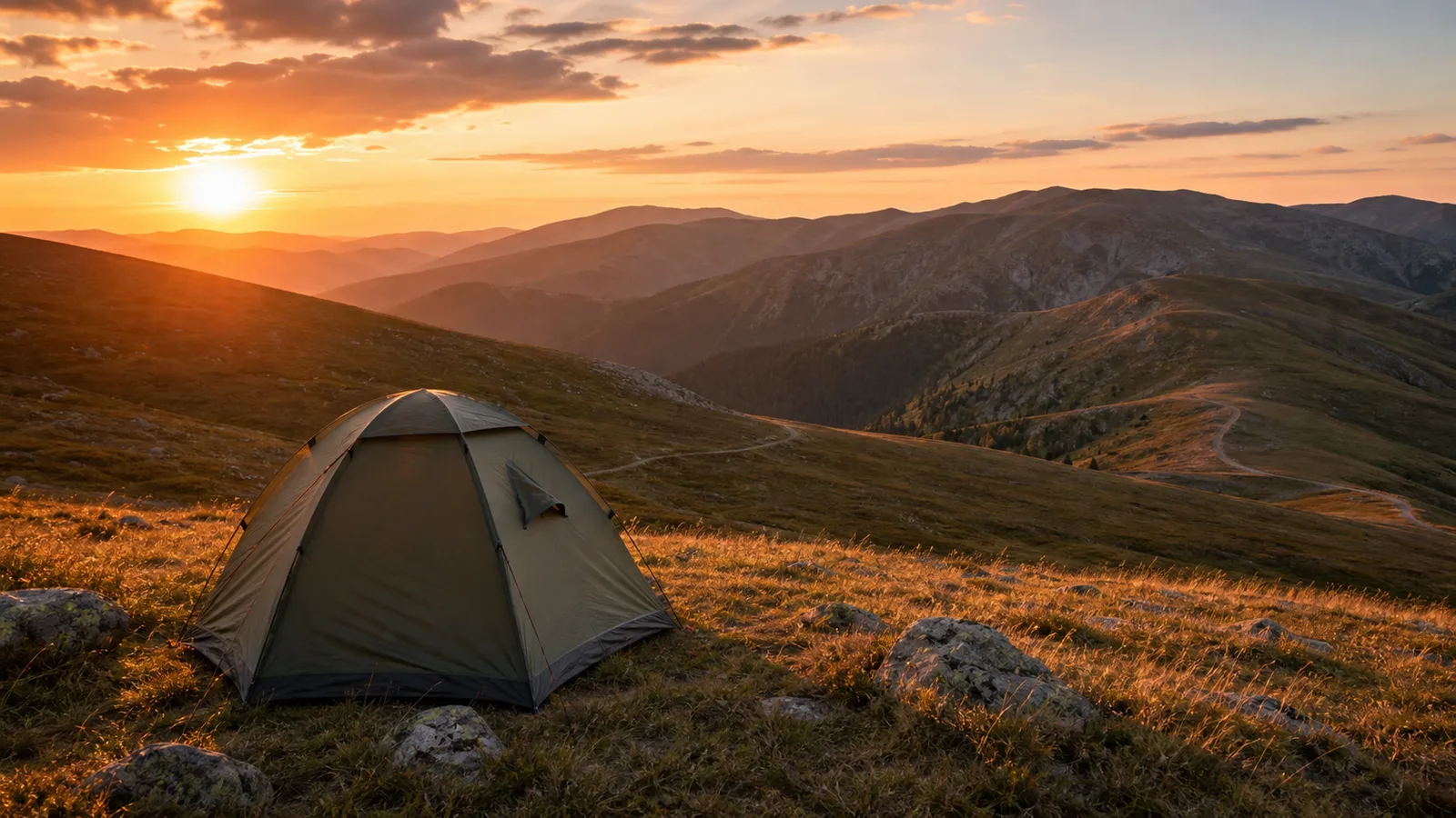 Cort montat pe o pajiște alpină lângă Transalpina, la apus, cu munți în fundal