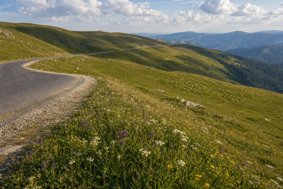 Pajiști alpine în plină vară lângă un drum neted de mare altitudine, cu flori și oi în depărtare
