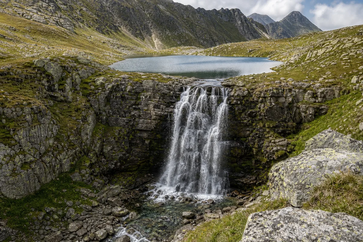 Cascadă alpină căzând peste un perete stâncos sub un lac glaciar, peisaj de mare altitudine