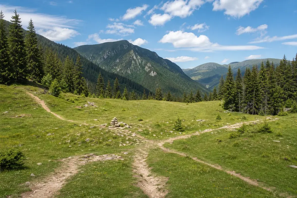 Poiană largă la Obârșia Lotrului, înconjurată de păduri de conifere, cu poteci de drumeție