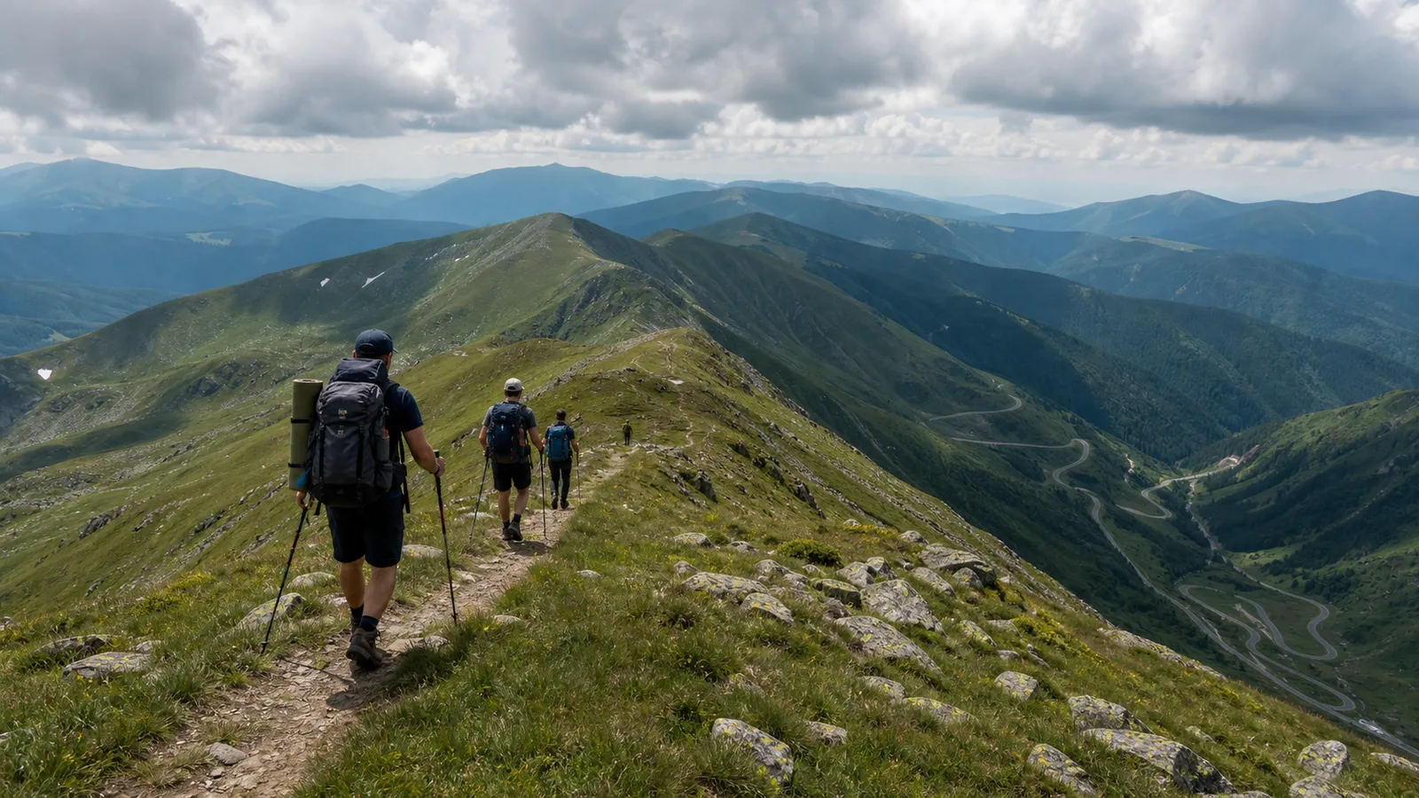 Drumeți pe o creastă alpină deschisă deasupra Transalpinei, cu munți care se pierd în depărtare