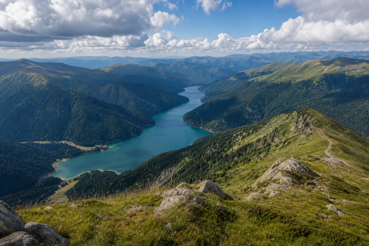 Panoramă de pe o creastă deasupra Lacului Vidra, cu șiruri de munți care se pierd în depărtare