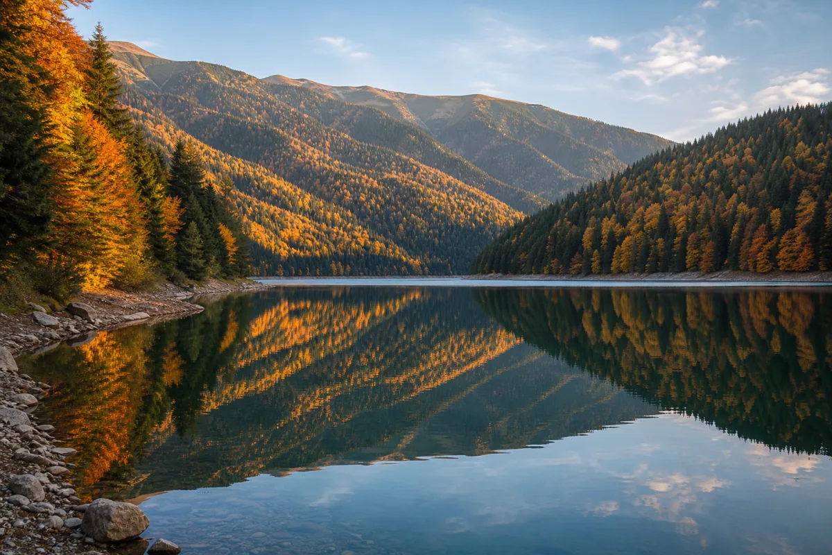 Lacul Vidra toamna, cu pădurile din jur colorate în auriu și ruginiu, reflectate în apă