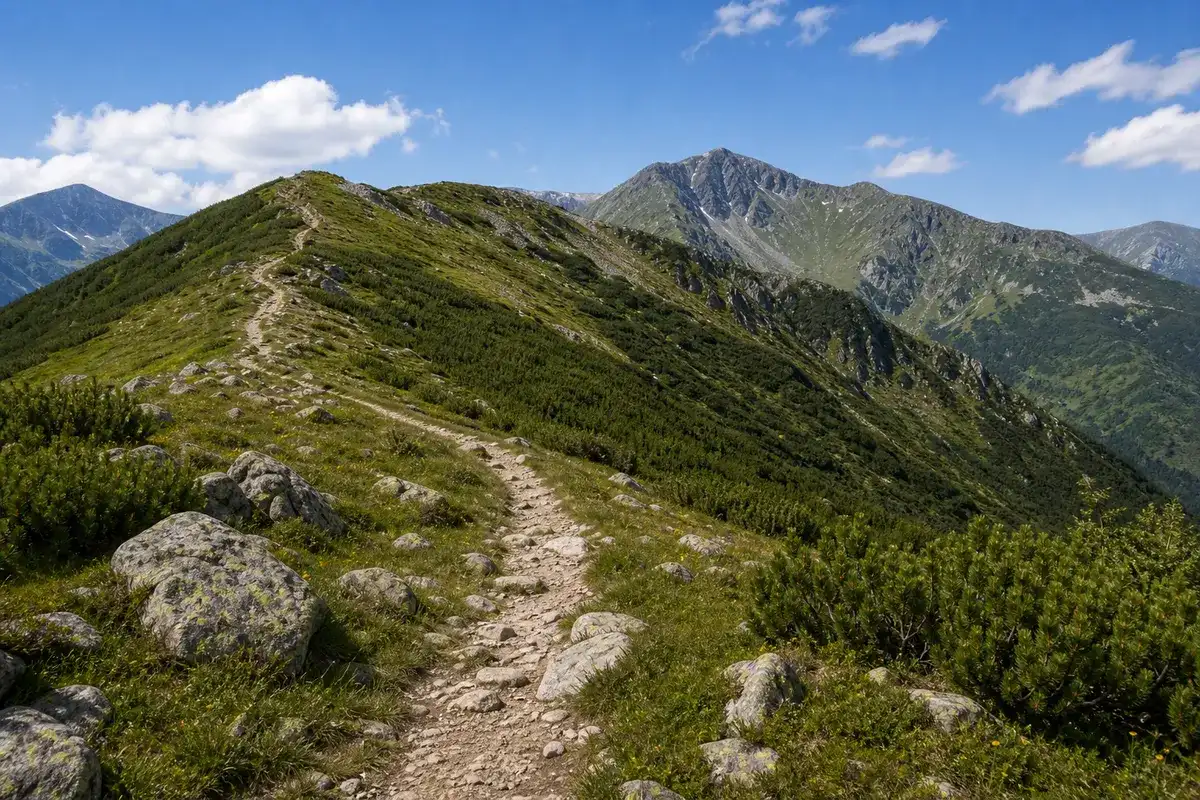 Potecă de acces urcând spre creasta Parângului prin pajiști alpine, cu vârfuri în depărtare