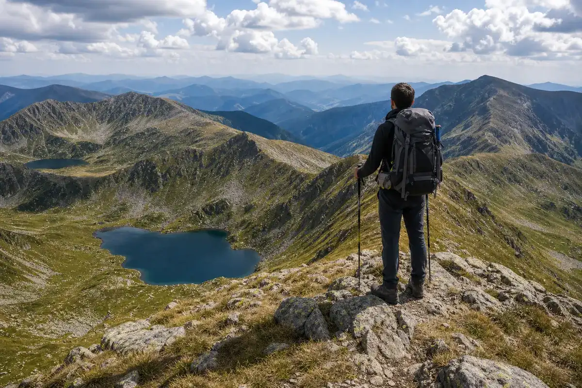 Drumeț cu rucsac privind panorama Parângului de pe o creastă, echipament complet