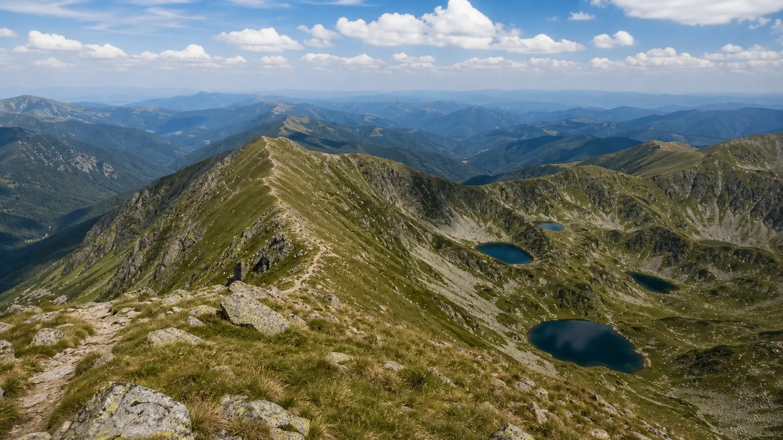 Creastă întinsă a Munților Parâng cu lacuri glaciare și pajiști alpine, vara