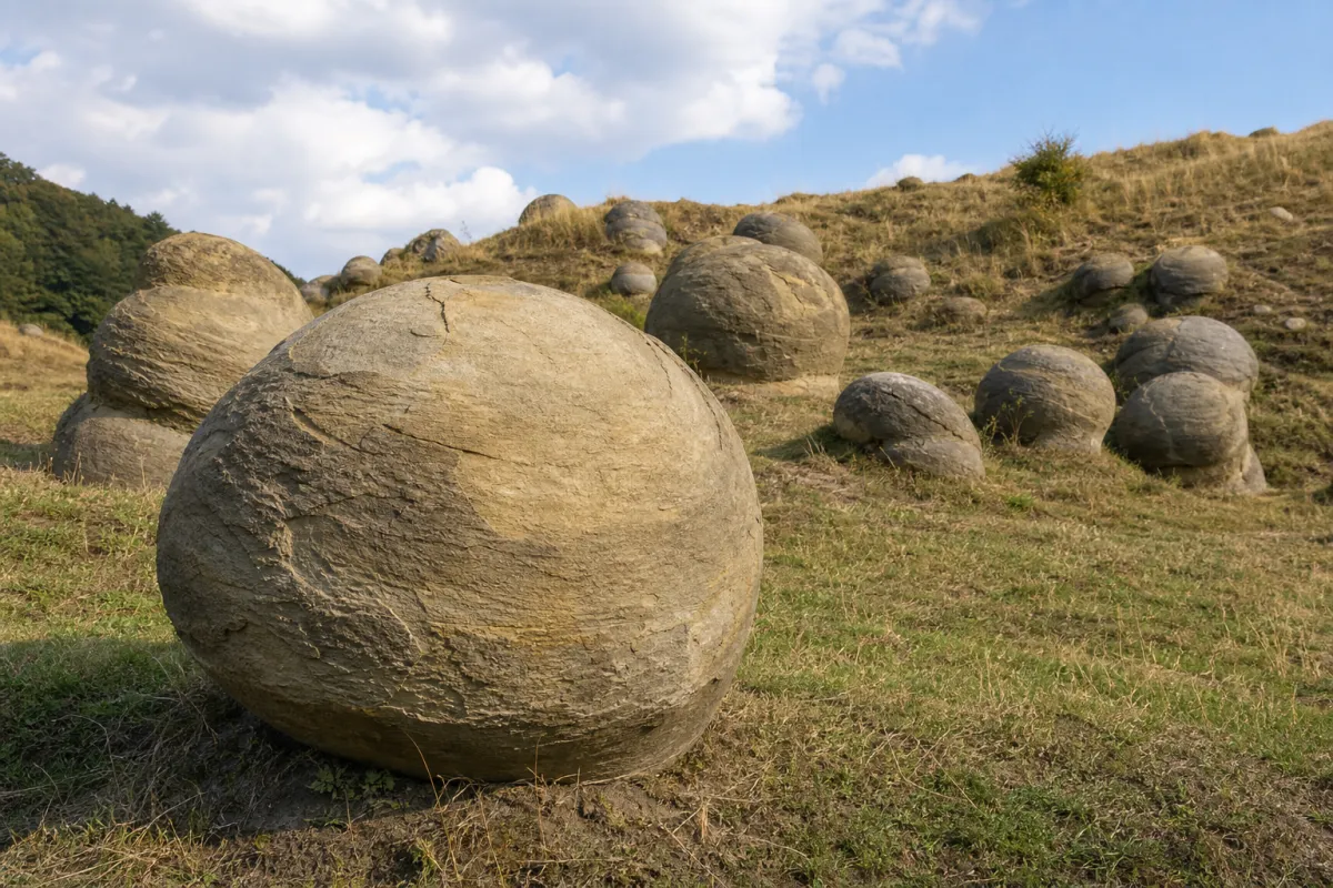 Formațiuni geologice rotunjite și netede de gresie pe o pantă cu iarbă, forme naturale neobișnuite
