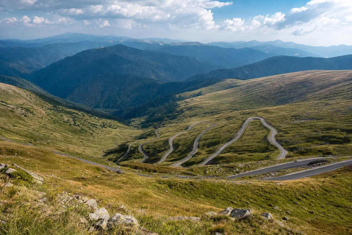 Belvedere spre serpentinele Transalpinei desfășurându-se peste pajiști alpine
