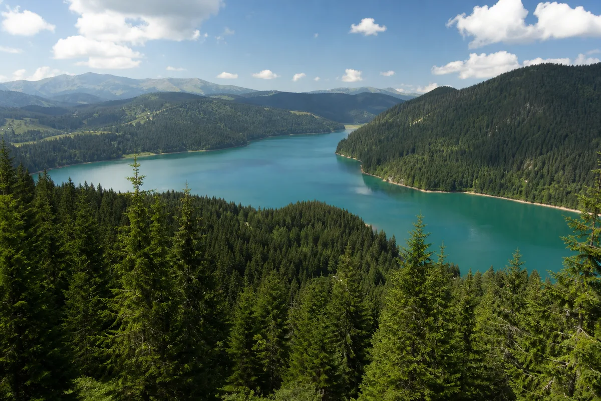 Lacul Vidra văzut de la un belvedere, apă turcoaz între păduri de molid