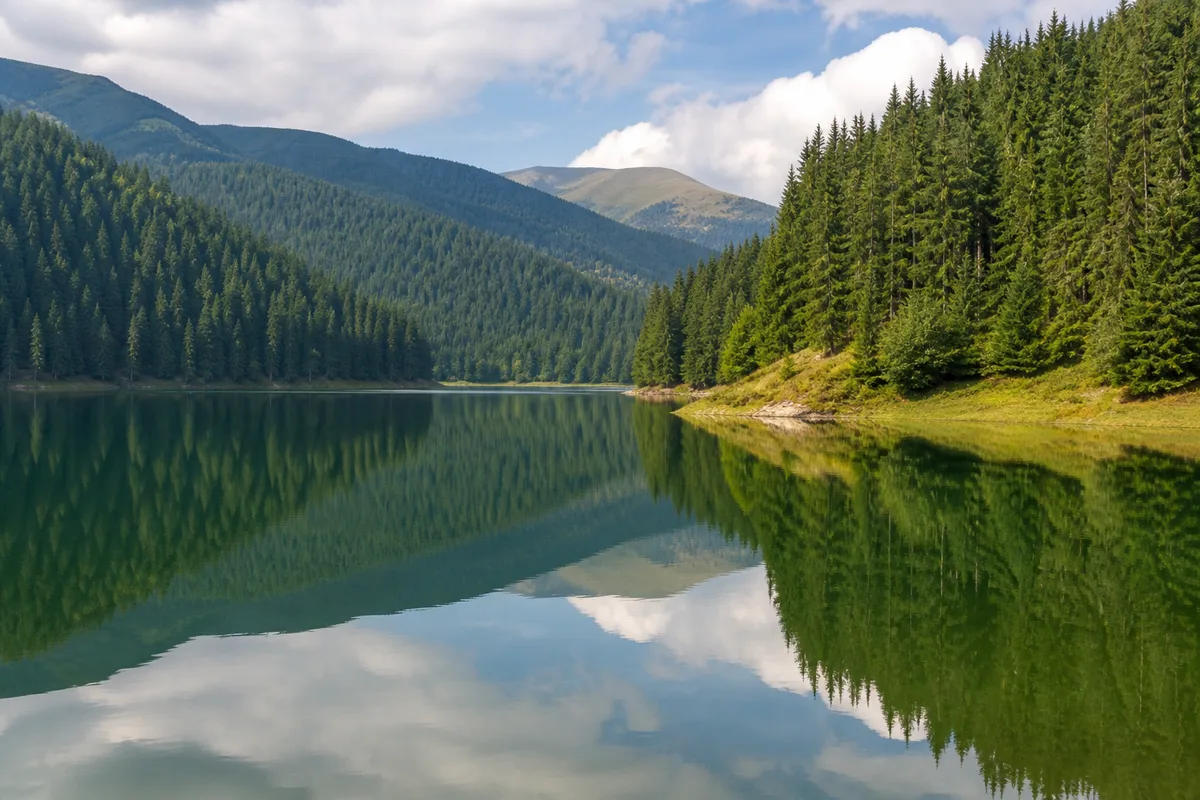Lacul Oașa pe versantul nordic al Transalpinei, apă liniștită înconjurată de păduri de conifere