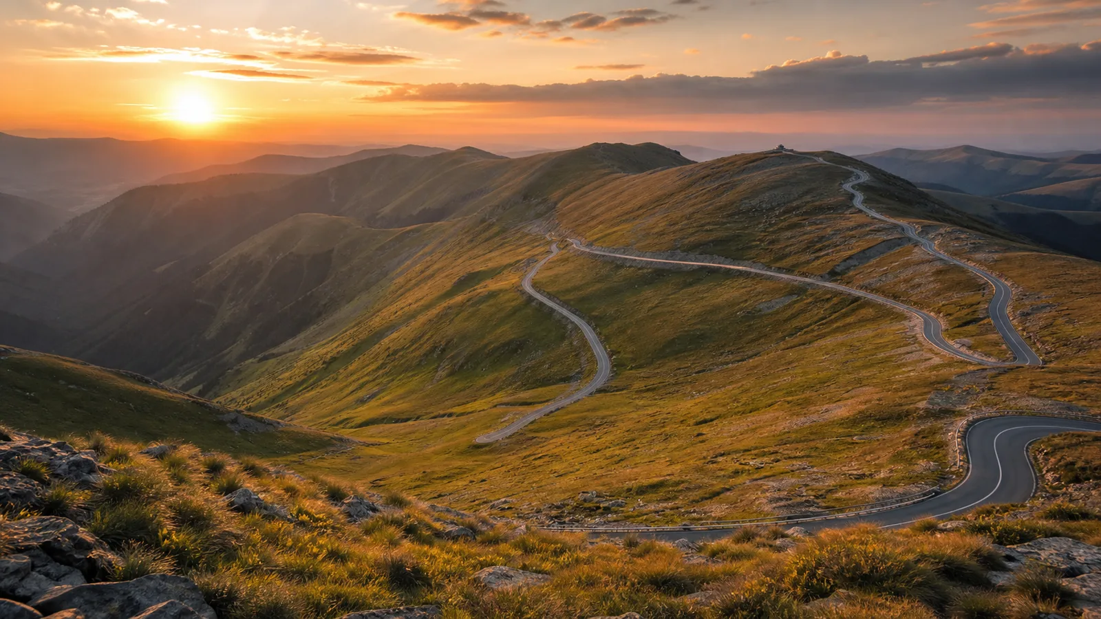 Belvedere spectaculoasă pe Transalpina, drumul șerpuind printre culmi alpine la apus