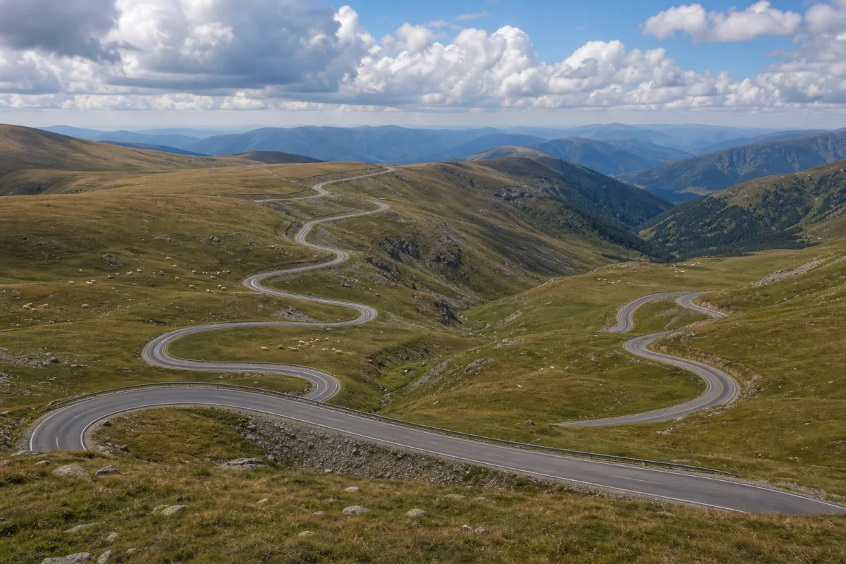 Serpentinele Transalpinei traversând pajiști alpine fără copaci la peste 2000 m altitudine