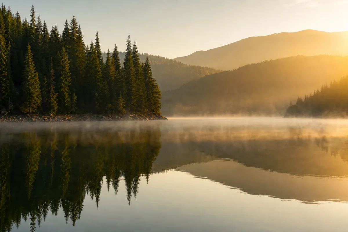 Lacul Vidra dimineața devreme, apă liniștită ca o oglindă, ceață ușoară