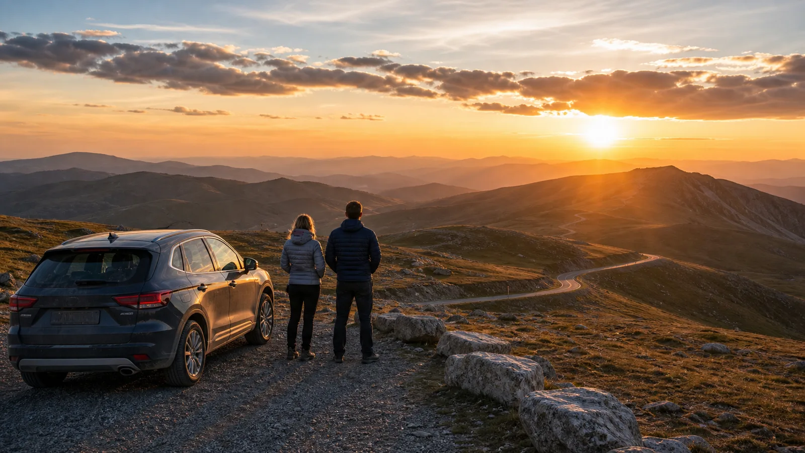Mașină oprită la o belvedere pe Transalpina, cuplu admirând panorama alpină la apus